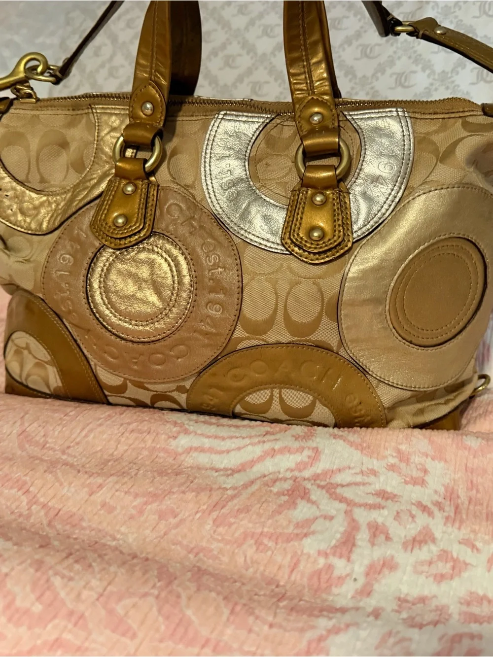 Coach Metallic Patchwork Circle Tote in Gold and Tan